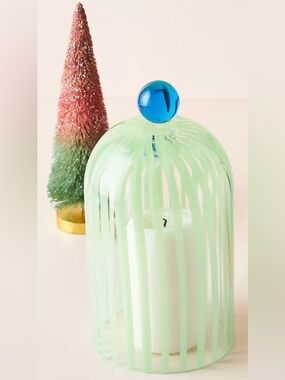 Anthropologie Hand Crafted Green Striped Glass Cloche with Blue Glass Knob 9”H